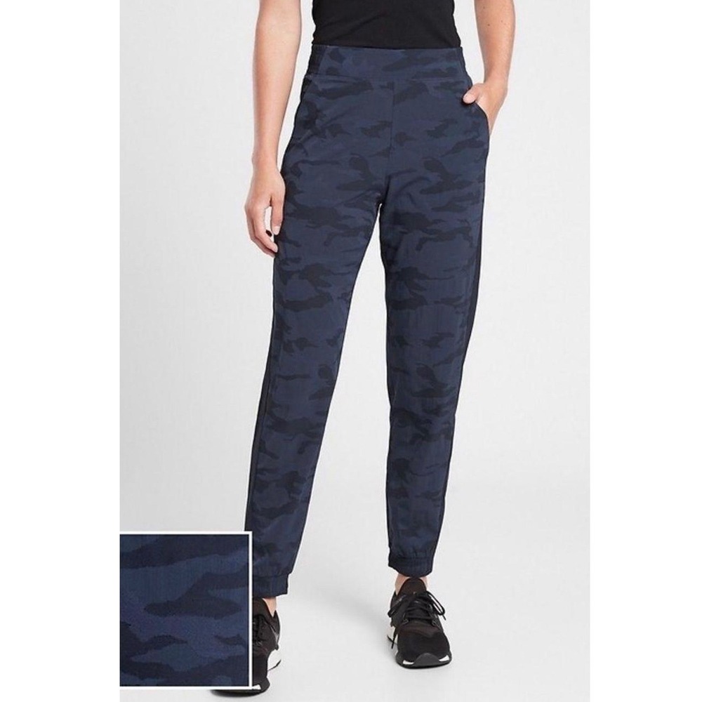 Athleta Brooklyn Ankle Pants Women 4 Blue Camo Ribbed Trim Lightweight Travel